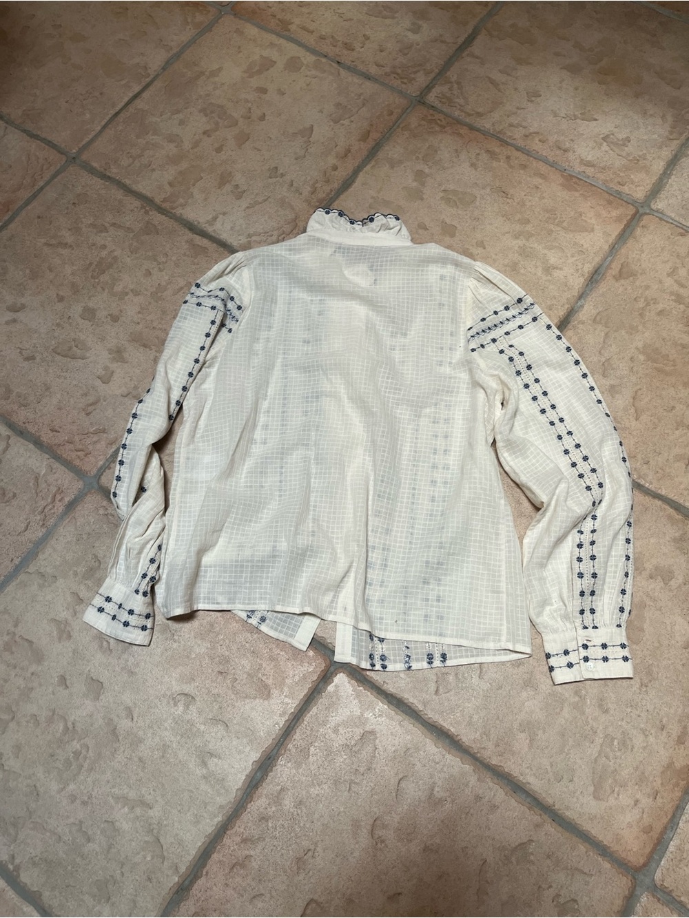 Sezane Cream Blouse with Navy Embroidered Trim